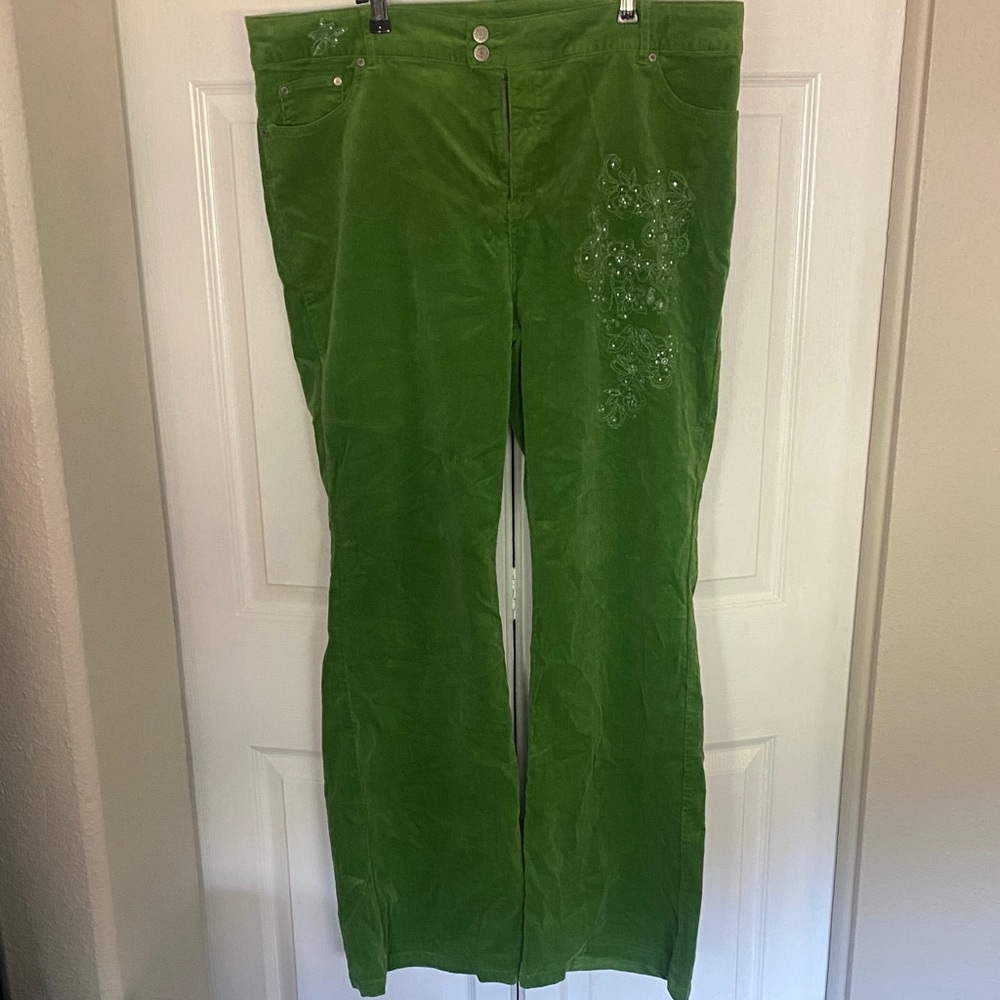Corduroy Green Women's Flare Pants with Embellishments